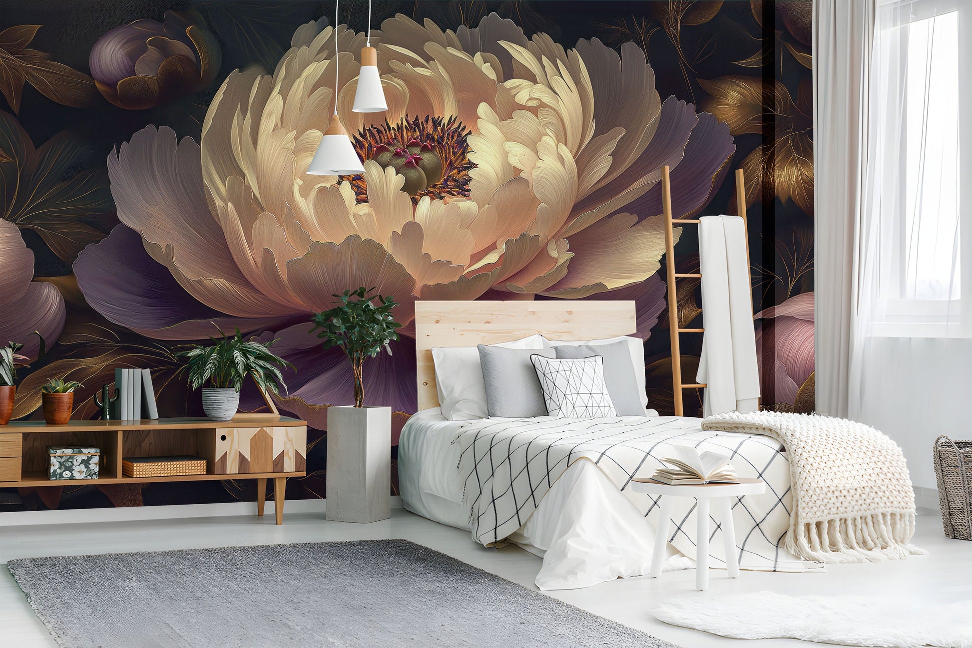 Abstract Peonies Purple Yellow Floral Wallpaper – scale reference, Golden Era Walls