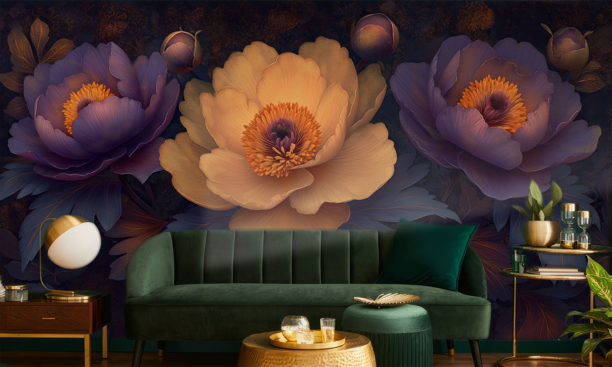 Artistic Peonies Purple Peach Floral Wallpaper – scale reference, Golden Era Walls