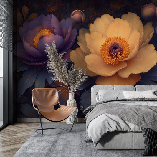 Artistic Peonies Purple Peach Floral Wallpaper – peel and stick wallpaper mural, Golden Era Walls