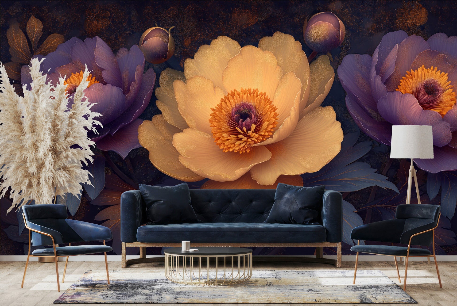 Artistic Peonies Purple Peach Floral Wallpaper – room setting, Golden Era Walls