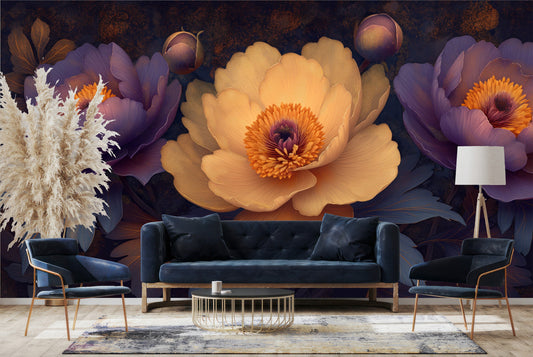 Artistic Peonies Purple Peach Floral Wallpaper – room setting, Golden Era Walls