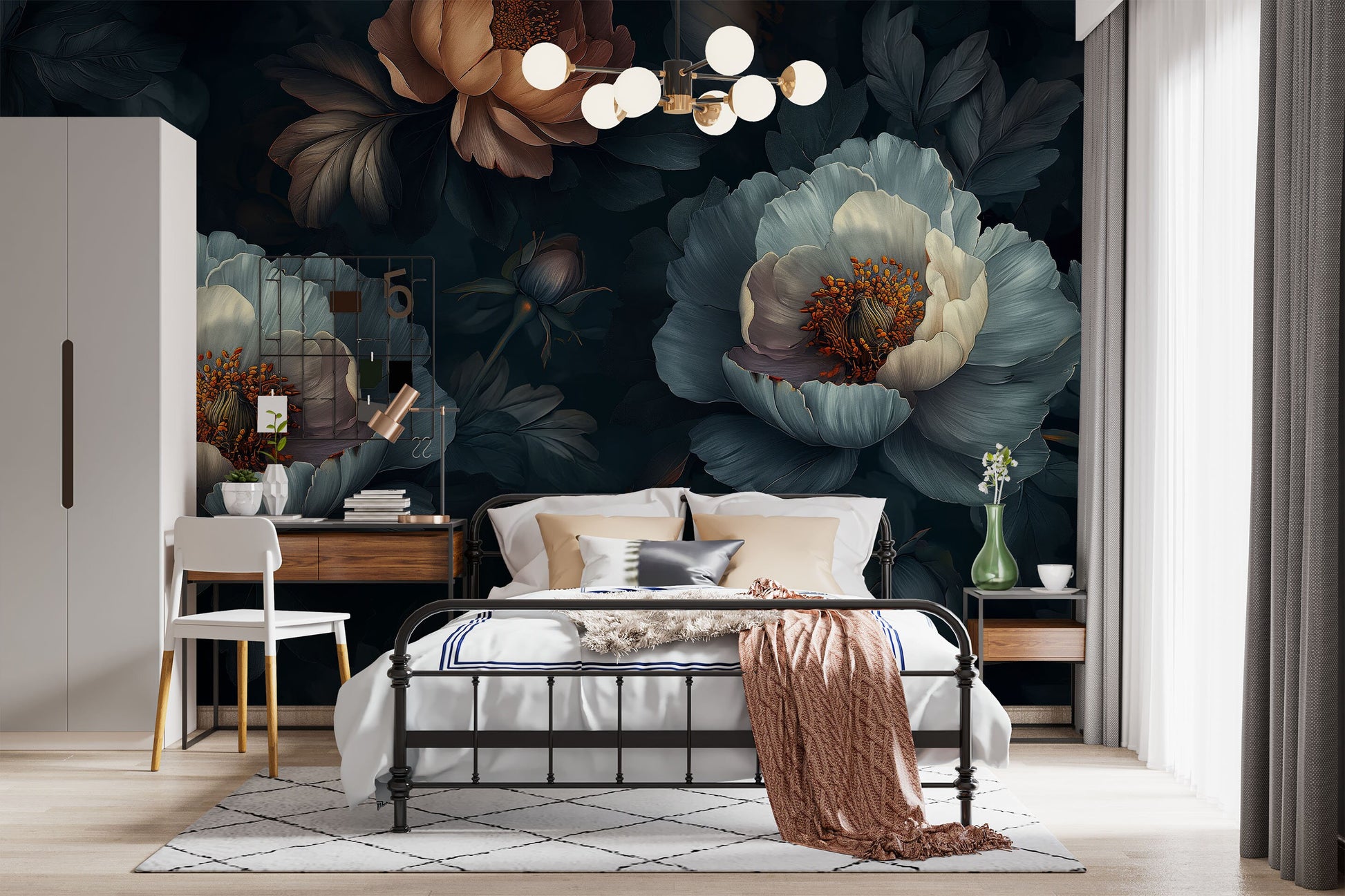 Dark Floral Non Woven Floral Wallpaper – scale reference, Golden Era Walls