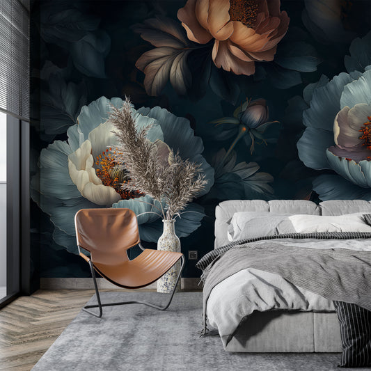 Dark Floral Non Woven Floral Wallpaper – lifestyle view, Golden Era Walls