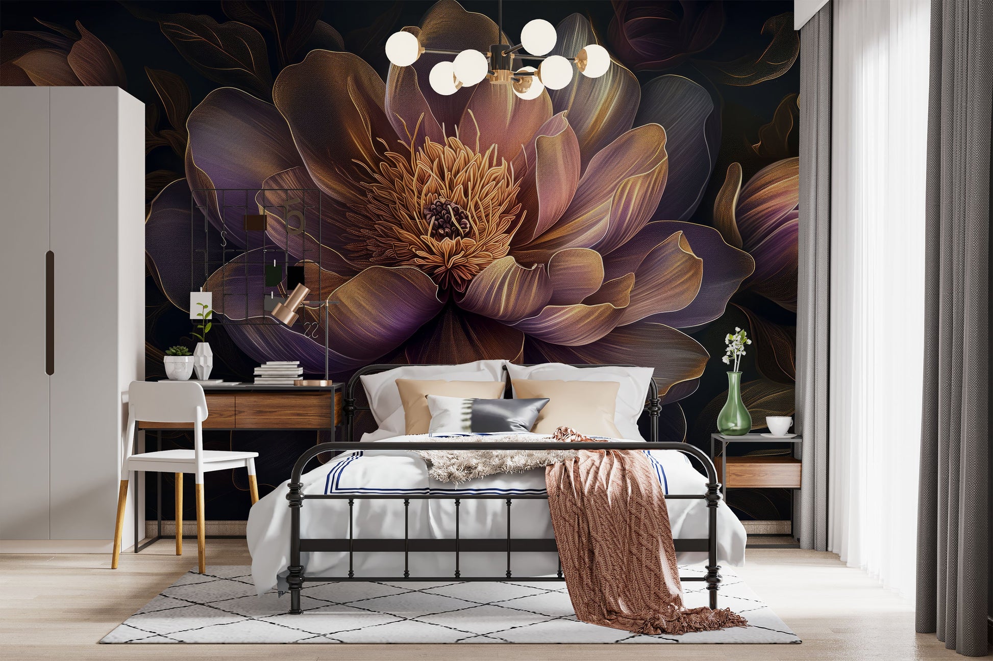 Elegant Abstract Peonies Dark Floral Wallpaper – lifestyle view, Golden Era Walls