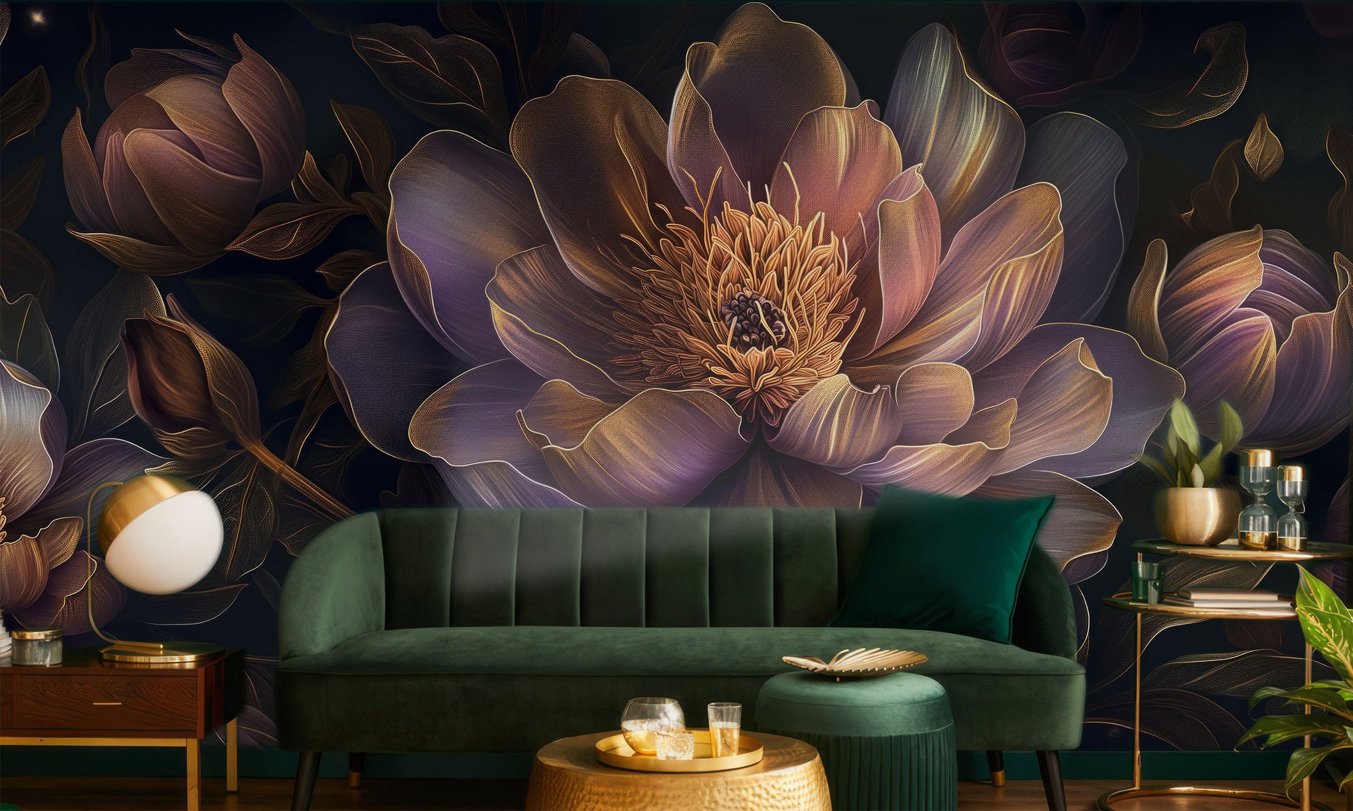 Elegant Abstract Peonies Dark Floral Wallpaper – scale reference, Golden Era Walls