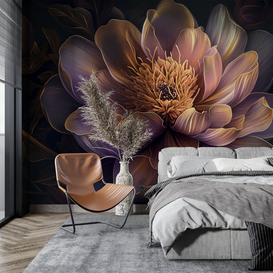 Elegant Abstract Peonies Dark Floral Wallpaper – detail view, Golden Era Walls