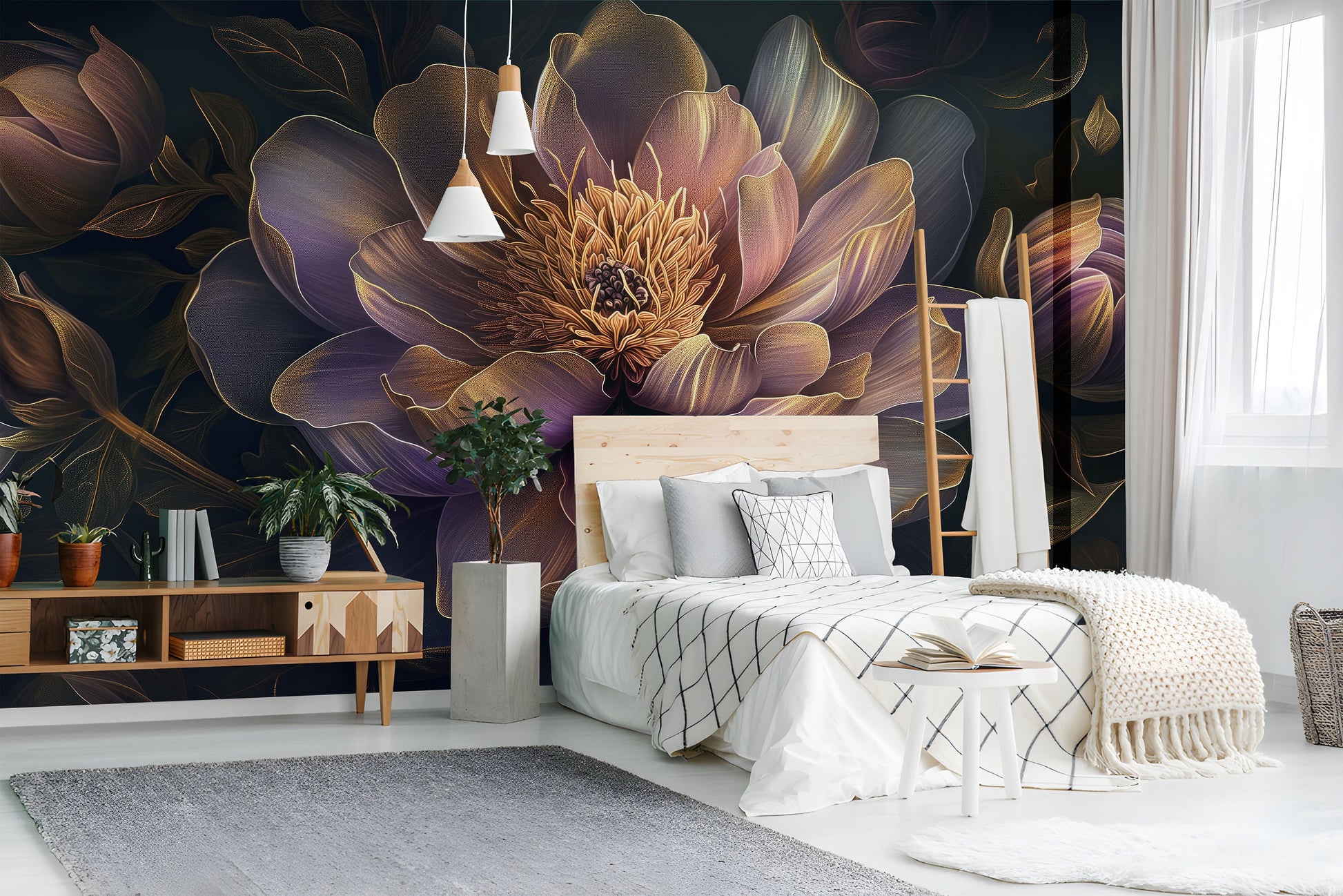 Elegant Abstract Peonies Dark Floral Wallpaper – peel and stick wallpaper mural, Golden Era Walls