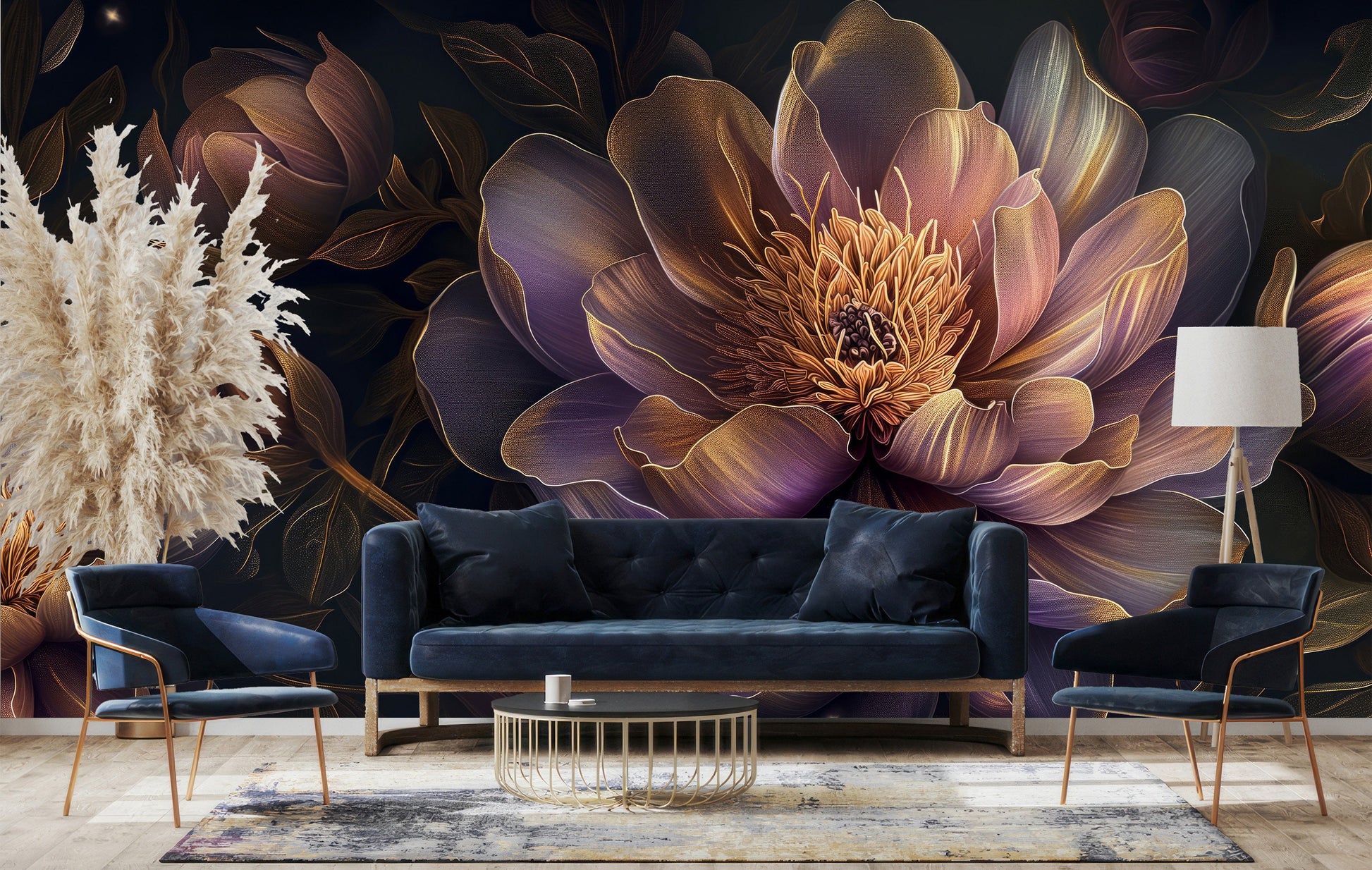 Elegant Abstract Peonies Dark Floral Wallpaper – room setting, Golden Era Walls