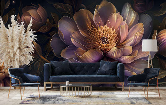 Elegant Abstract Peonies Dark Floral Wallpaper – room setting, Golden Era Walls