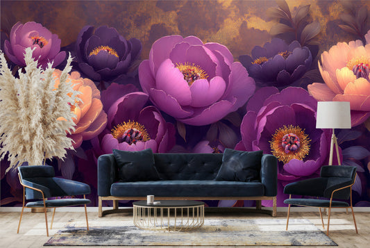 Elegant Floral Peonies Abstract Floral Wallpaper – peel and stick wallpaper mural, Golden Era Walls