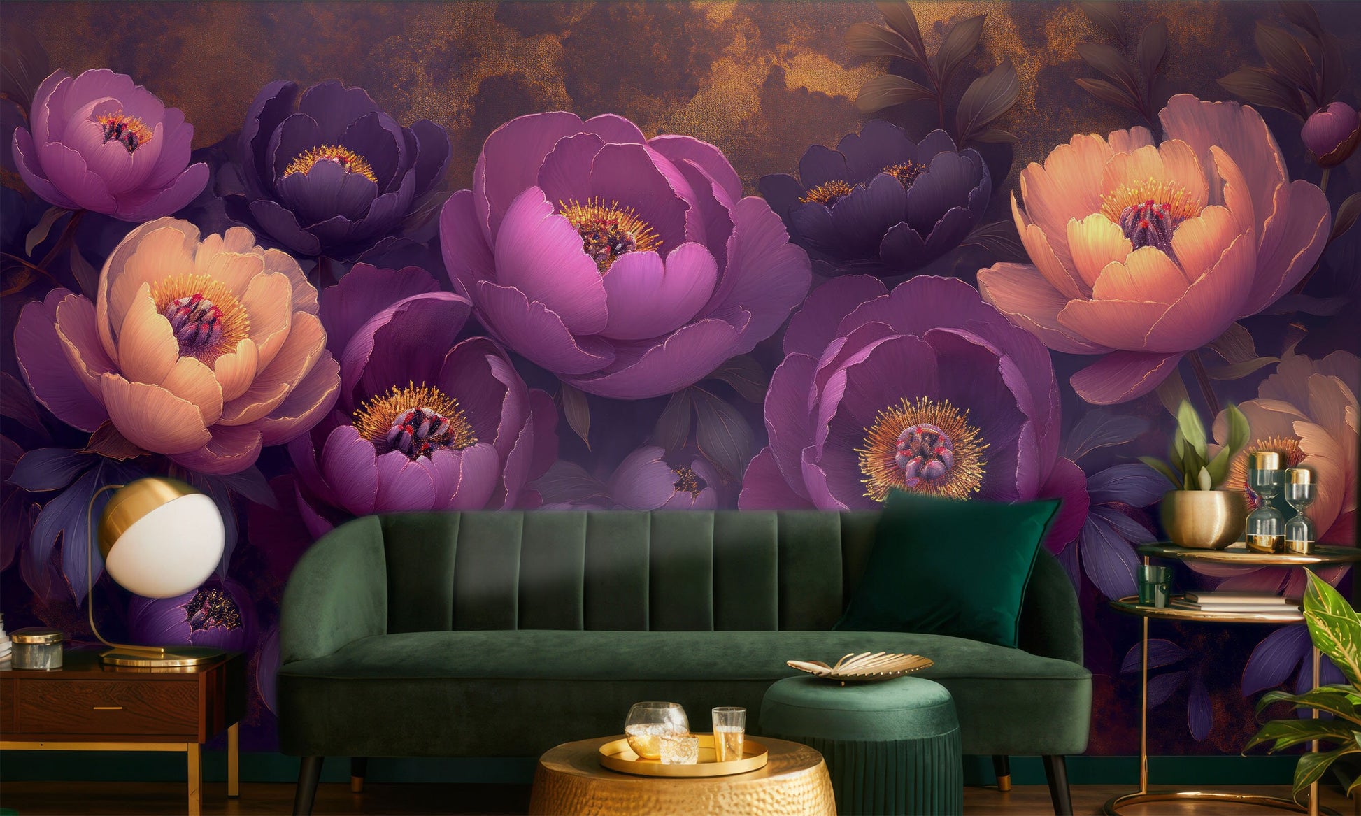 Elegant Floral Peonies Abstract Floral Wallpaper – lifestyle view, Golden Era Walls