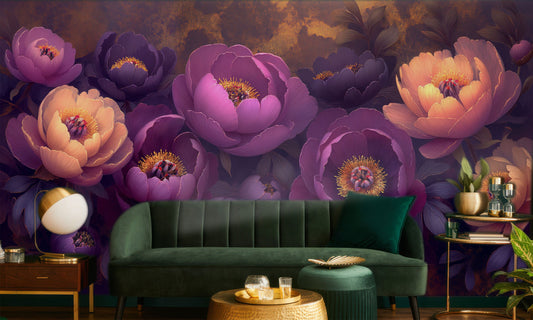 Elegant Floral Peonies Abstract Floral Wallpaper – lifestyle view, Golden Era Walls