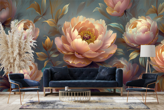 Elegant Peony Blossom Abstract Floral Wallpaper – peel and stick wallpaper mural, Golden Era Walls