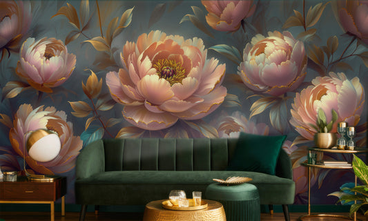 Elegant Peony Blossom Abstract Floral Wallpaper – room setting, Golden Era Walls