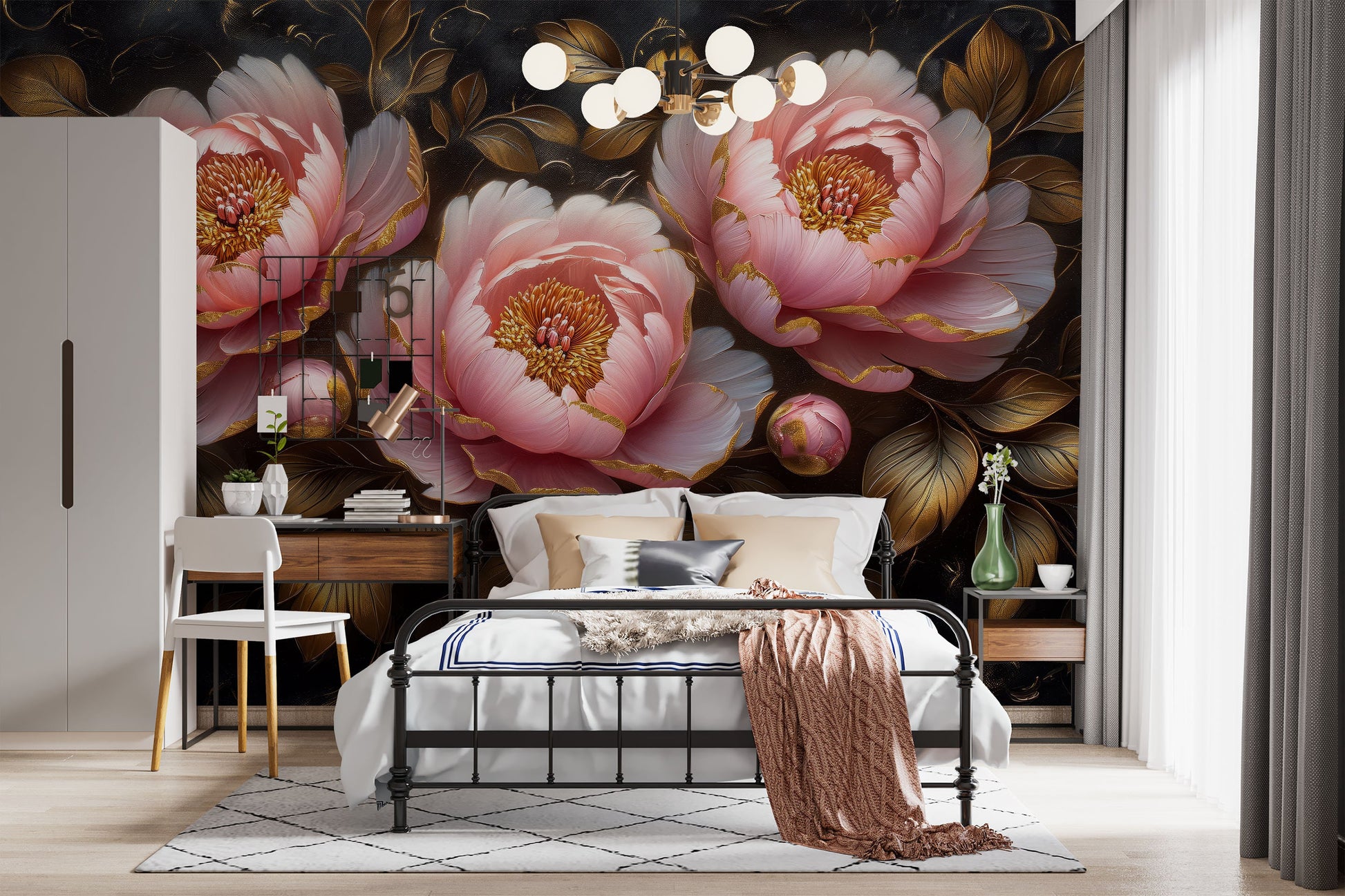 Elegant Pink Bronze Floral Floral Wallpaper – scale reference, Golden Era Walls