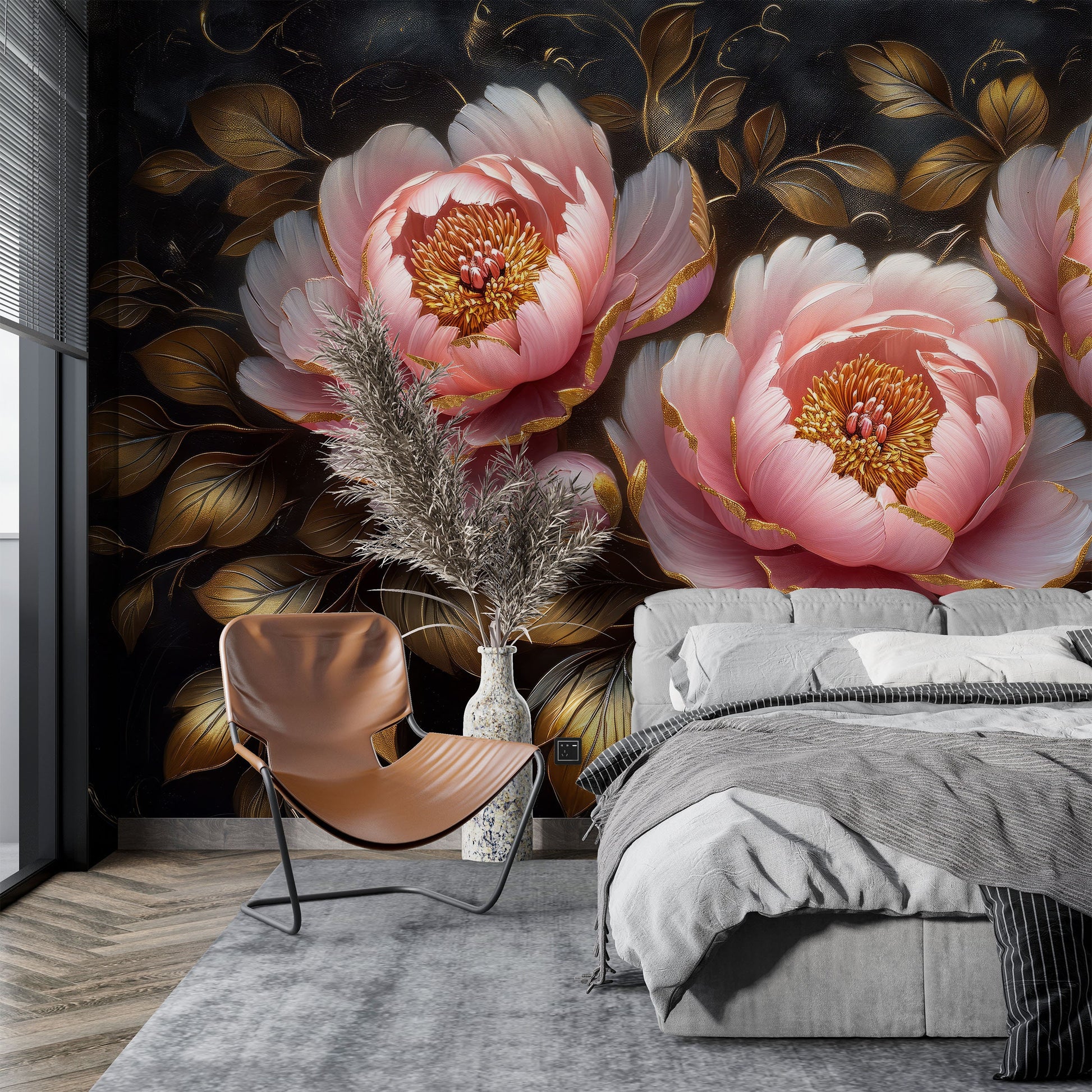 Elegant Pink Bronze Floral Floral Wallpaper – peel and stick wallpaper mural, Golden Era Walls