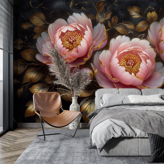 Elegant Pink Bronze Floral Floral Wallpaper – peel and stick wallpaper mural, Golden Era Walls