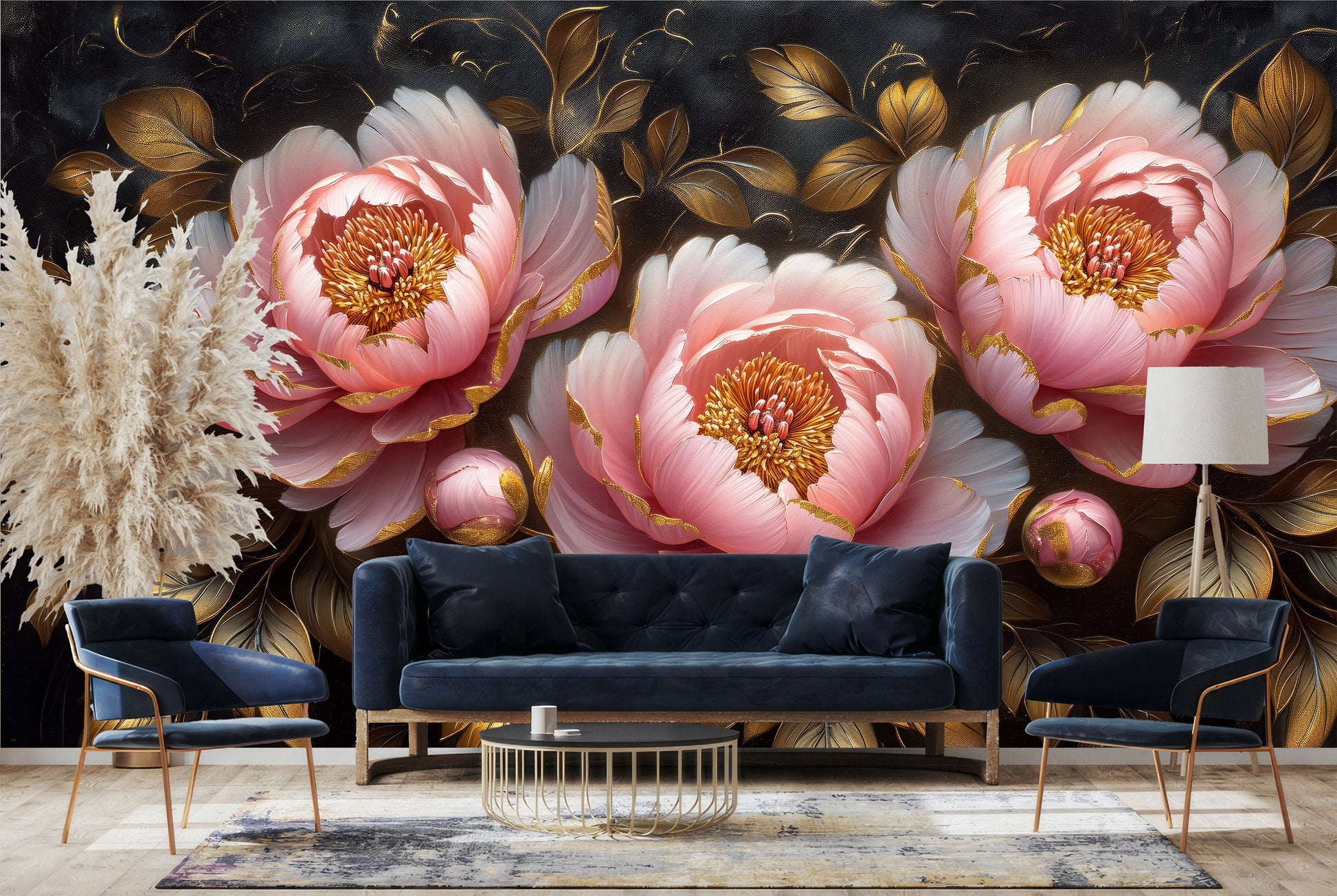 Elegant Pink Bronze Floral Floral Wallpaper – room setting, Golden Era Walls