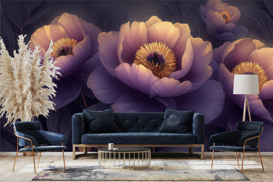 Modern Abstract Peonies Floral Floral Wallpaper – room setting, Golden Era Walls