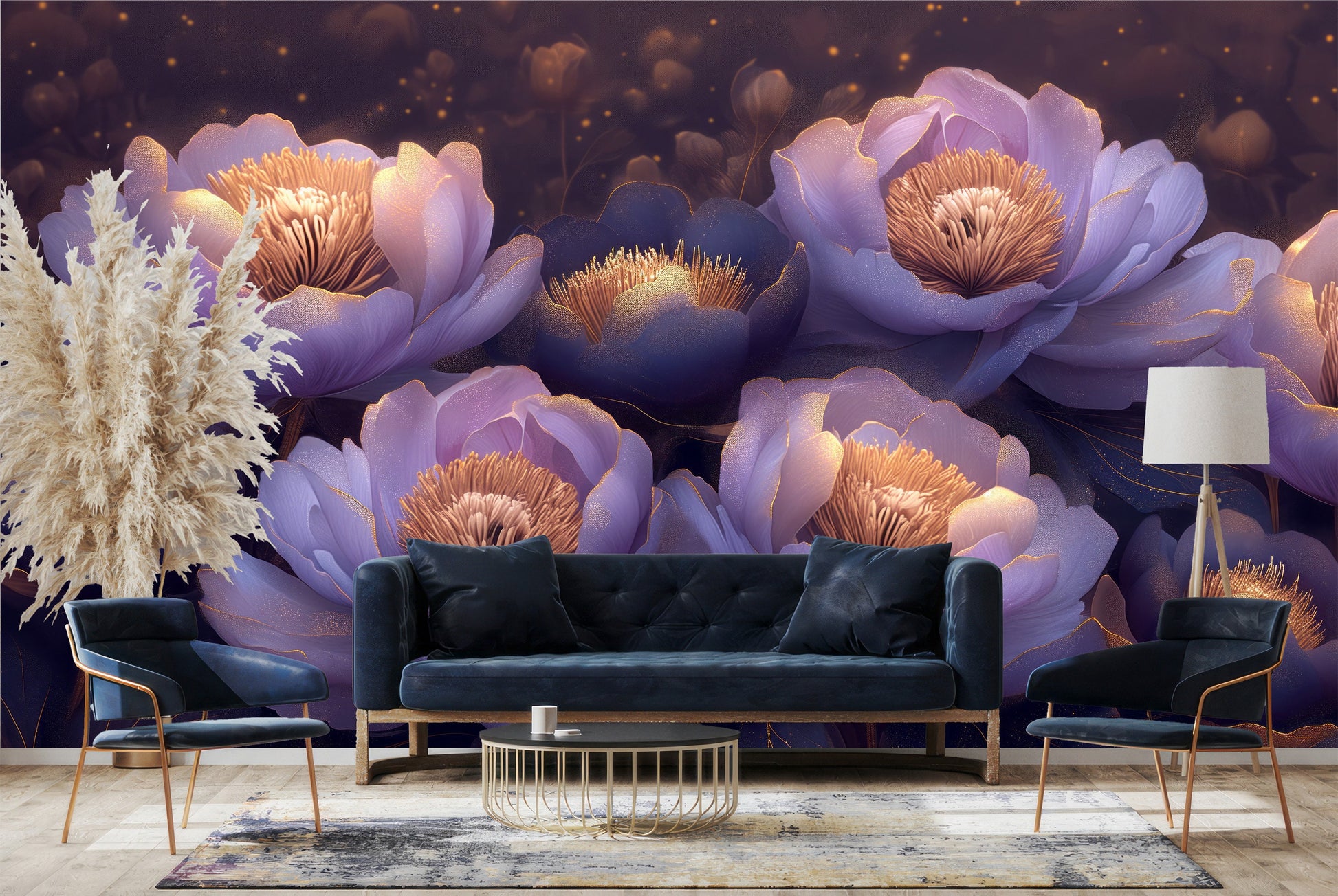Modern Abstract Peonies Vibrant Floral Wallpaper – room setting, Golden Era Walls