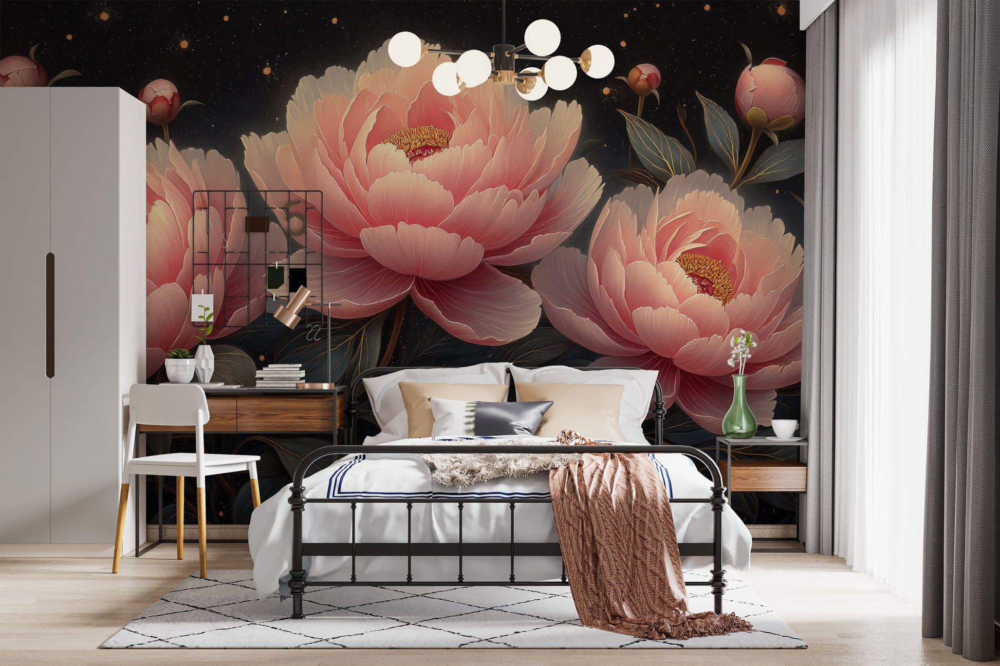 Pastel Peony Flower Elegant Floral Wallpaper – scale reference, Golden Era Walls