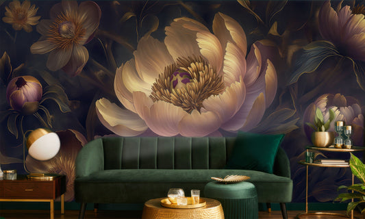 Purple Yellow Abstract Peonies Floral Wallpaper – detail view, Golden Era Walls
