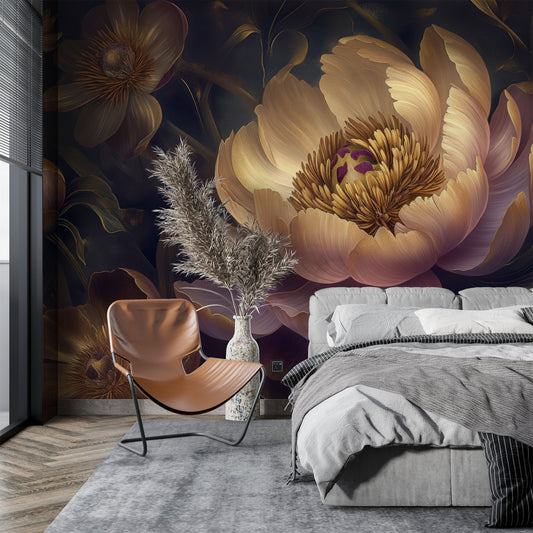 Purple Yellow Abstract Peonies Floral Wallpaper – lifestyle view, Golden Era Walls