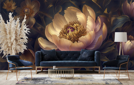 Purple Yellow Abstract Peonies Floral Wallpaper – peel and stick wallpaper mural, Golden Era Walls