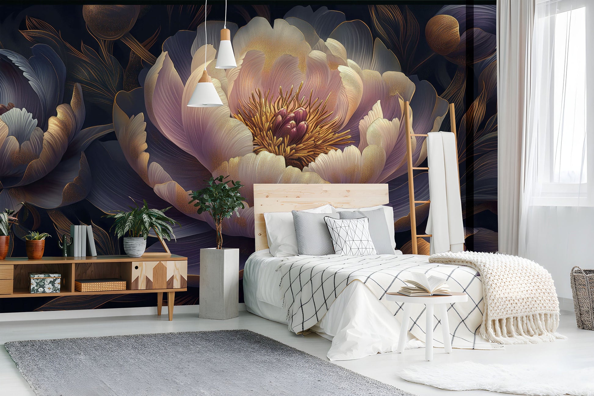 Serene Dark Floral Non Floral Wallpaper – lifestyle view, Golden Era Walls