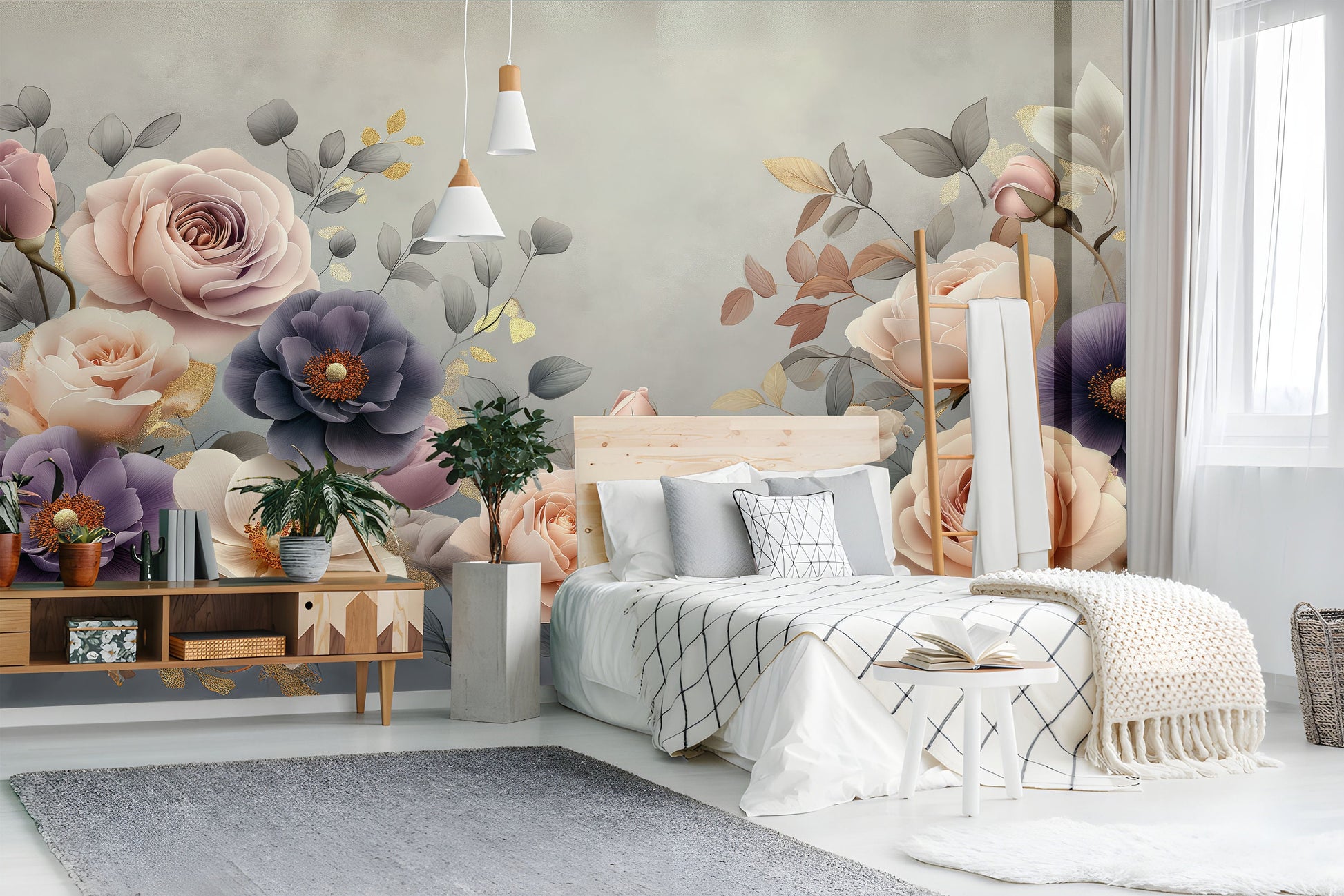 Serene Floral Non Woven Floral Wallpaper – room setting, Golden Era Walls