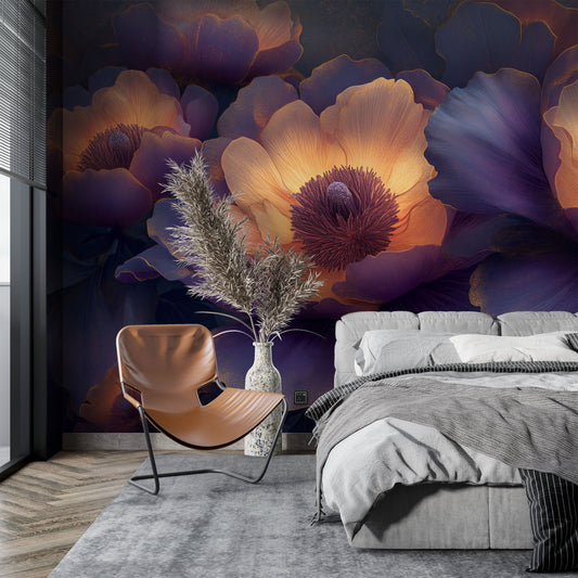 Serene Floral Abstract Peony Floral Wallpaper – room setting, Golden Era Walls