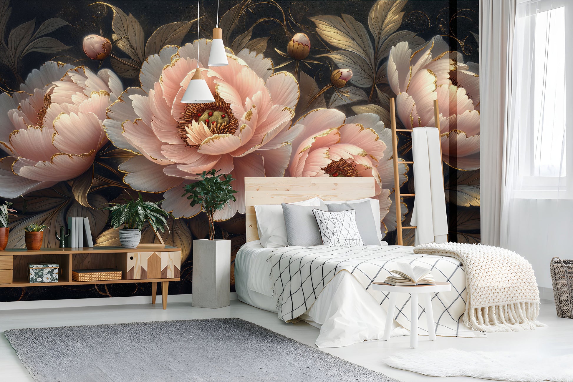 Serene Peony Blossom Non Floral Wallpaper Pattern – scale reference, Golden Era Walls