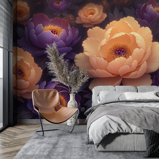 Soft Peony Flower Easy Floral Wallpaper – room setting, Golden Era Walls