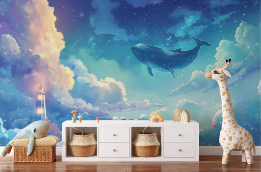 Whale Lighthouse Ocean Lovers Coastal Wallpaper – peel and stick wallpaper mural, Golden Era Walls