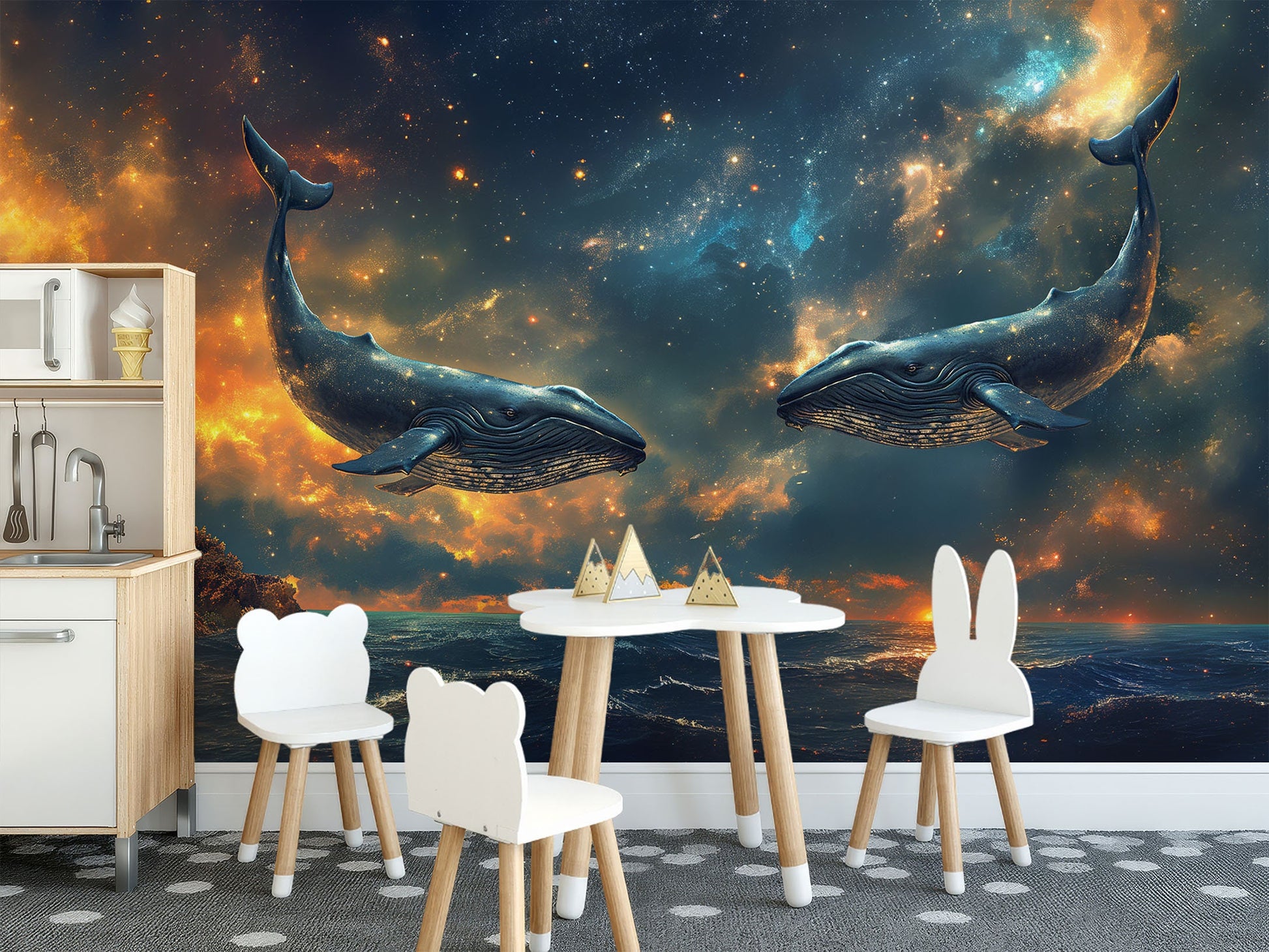 Starry Ocean Scene Whales Coastal Wallpaper – peel and stick wallpaper mural, Golden Era Walls