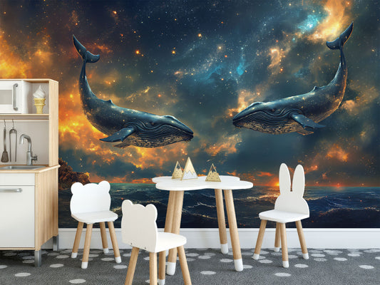 Starry Ocean Scene Whales Coastal Wallpaper – peel and stick wallpaper mural, Golden Era Walls