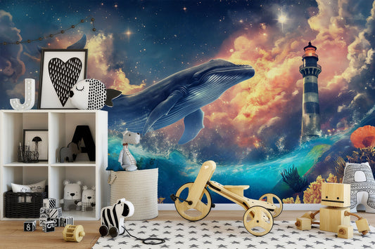 Watercolor Night Sky Whales Coastal Wallpaper – lifestyle view, Golden Era Walls