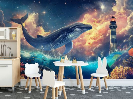 Watercolor Night Sky Whales Coastal Wallpaper – detail view, Golden Era Walls