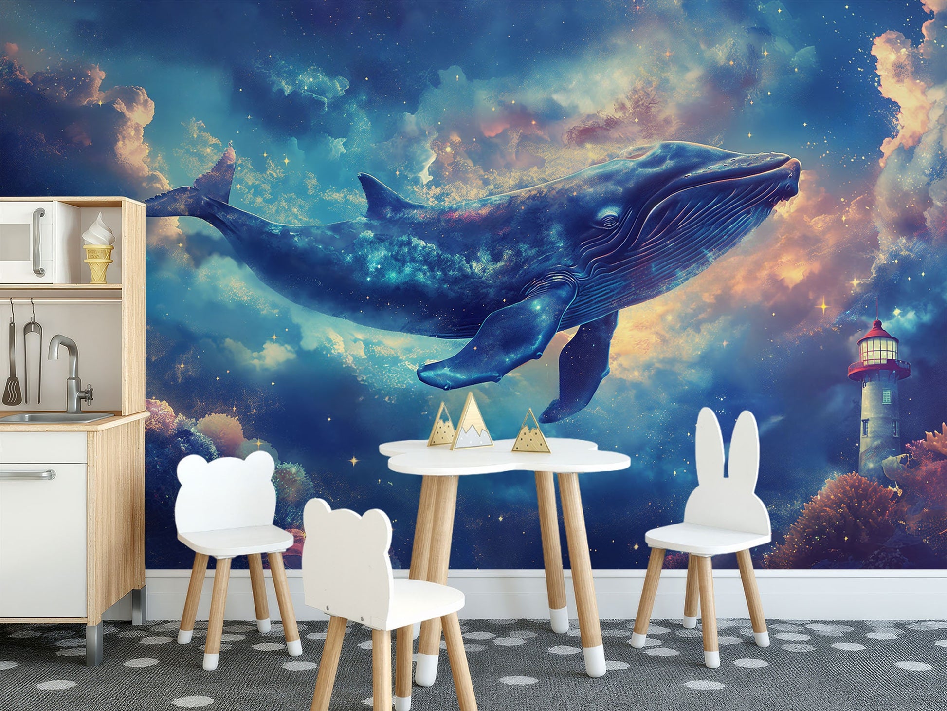 Dreamlike Whales Lighthouse Fantasy Coastal Wallpaper – detail view, Golden Era Walls