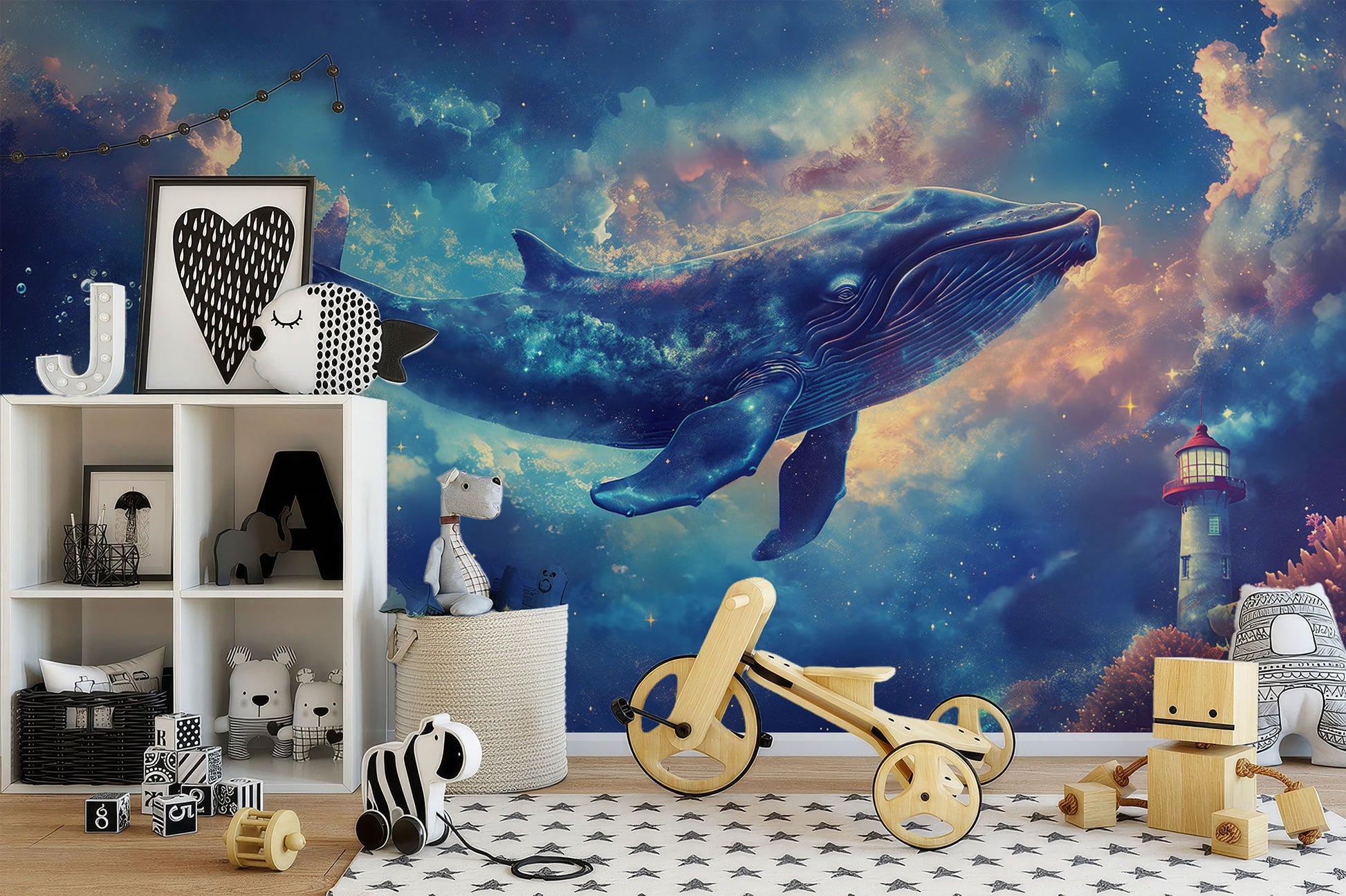 Dreamlike Whales Lighthouse Fantasy Coastal Wallpaper – room setting, Golden Era Walls