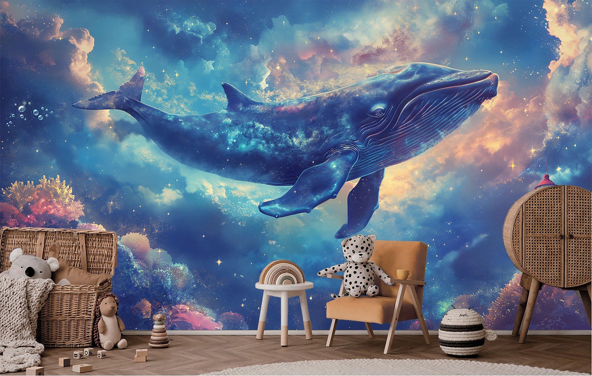 Dreamlike Whales Lighthouse Fantasy Coastal Wallpaper – lifestyle view, Golden Era Walls