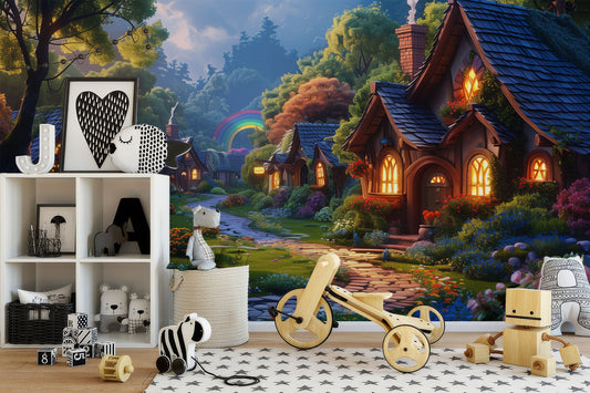 Whimsical Village Scene Non Wallpaper – lifestyle view, Golden Era Walls