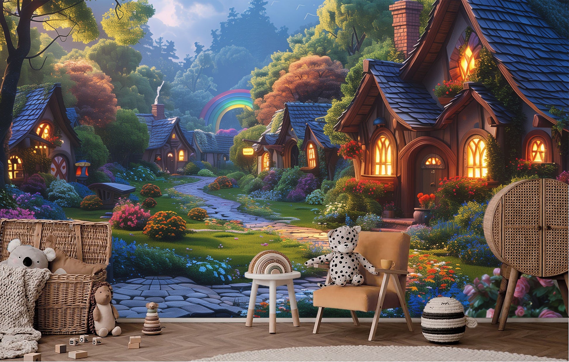 Whimsical Village Scene Non Wallpaper – peel and stick wallpaper mural, Golden Era Walls