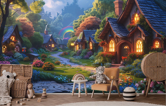 Whimsical Village Scene Non Wallpaper – peel and stick wallpaper mural, Golden Era Walls