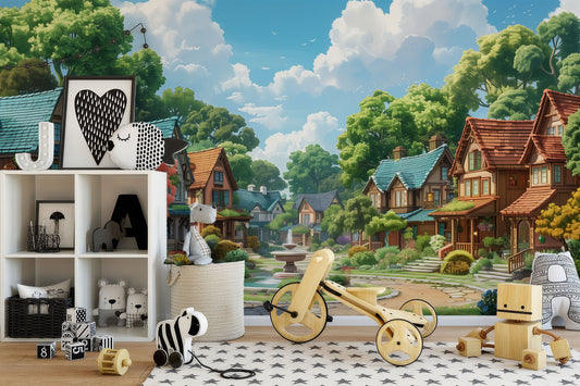 Vibrant Cartoon Neighborhood Easy Wallpaper – detail view, Golden Era Walls