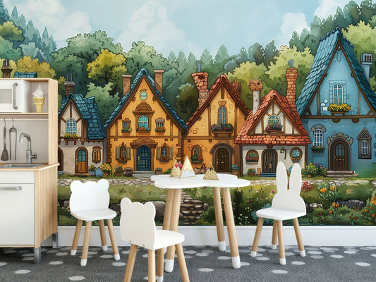 Delightful Cartoon Houses Nonwoven Wallpaper – room setting, Golden Era Walls