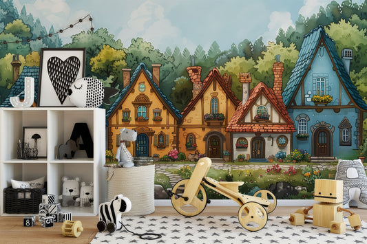 Delightful Cartoon Houses Nonwoven Wallpaper – lifestyle view, Golden Era Walls