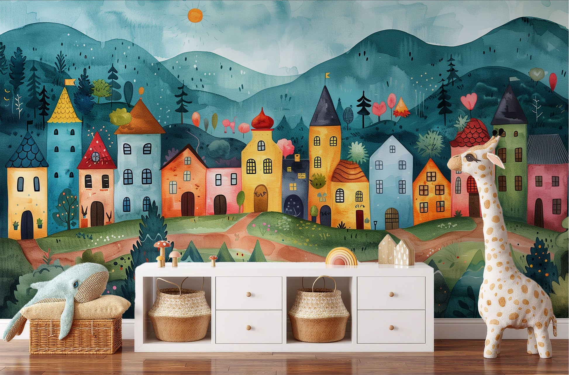 Charming Cartoon Town D Wallpaper – peel and stick wallpaper mural, Golden Era Walls
