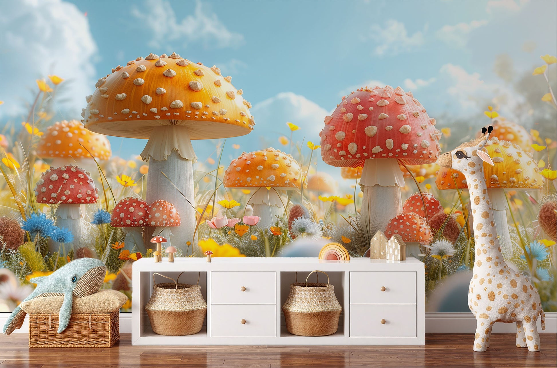 Sunny Mushroom Field Vibrant Floral Wallpaper – lifestyle view, Golden Era Walls