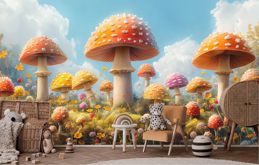 Fantasy Mushroom Garden Sunny Floral Wallpaper – peel and stick wallpaper mural, Golden Era Walls